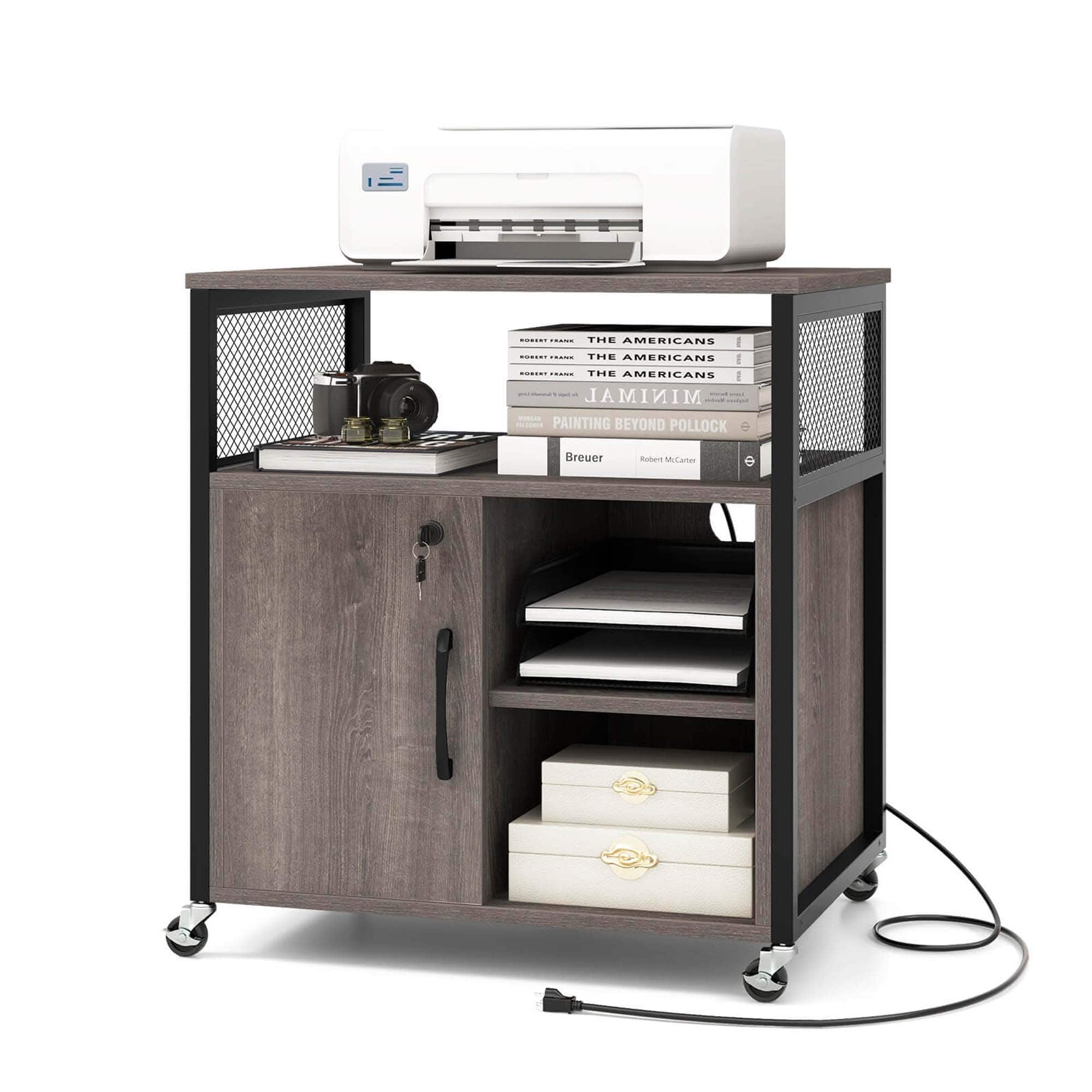 Costway - File Cabinet on Wheels with Charging Station & Cable Management Hole Shelves - Gray