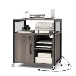 Costway - File Cabinet on Wheels with Charging Station & Cable Management Hole Shelves - Gray