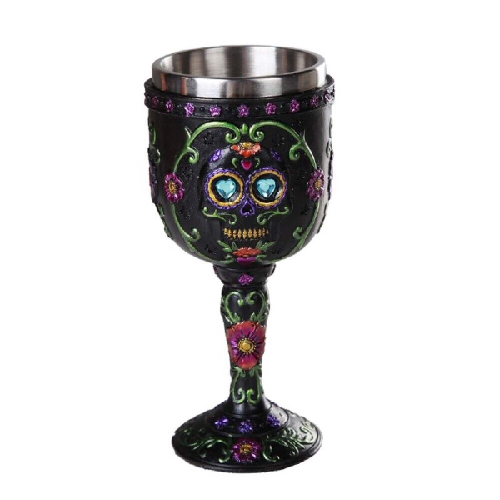 Pacific Trading - Day of the Dead Black Floral Sugar Skull Wine Goblet Chalice Cup Resin Body Stainless Steel Cup 7 ounce - Multicolor