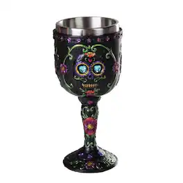 Pacific Trading - Day of the Dead Black Floral Sugar Skull Wine Goblet Chalice Cup Resin Body Stainless Steel Cup 7 ounce - Multicolor