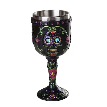 Front. Pacific Trading - Day of the Dead Black Floral Sugar Skull Wine Goblet Chalice Cup Resin Body Stainless Steel Cup 7 ounce - Multicolor.