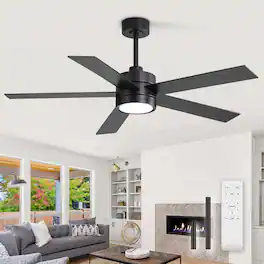 Breezary - 52-In Indoor Ceiling Fan with Led Light, 5 Plywood Blades, 6-Speed DC Motor, Remote, Timer with Memory, 5/10'' Downrods - Black