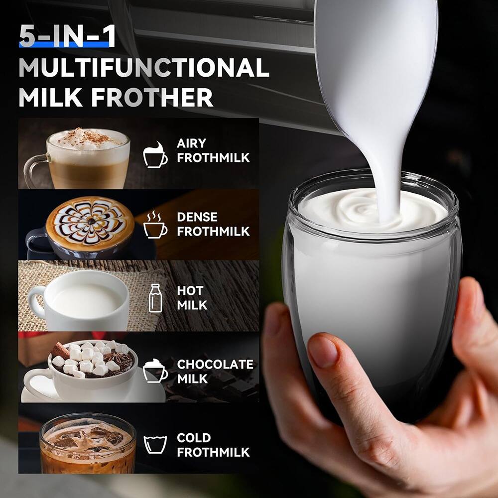 5-IN-1 MULTIFUNCTIONAL MILK FROTHER

- AIRY FROTHMILK
- DENSE FROTHMILK
- HOT MILK
- CHOCOLATE MILK
- COLD FROTHMILK