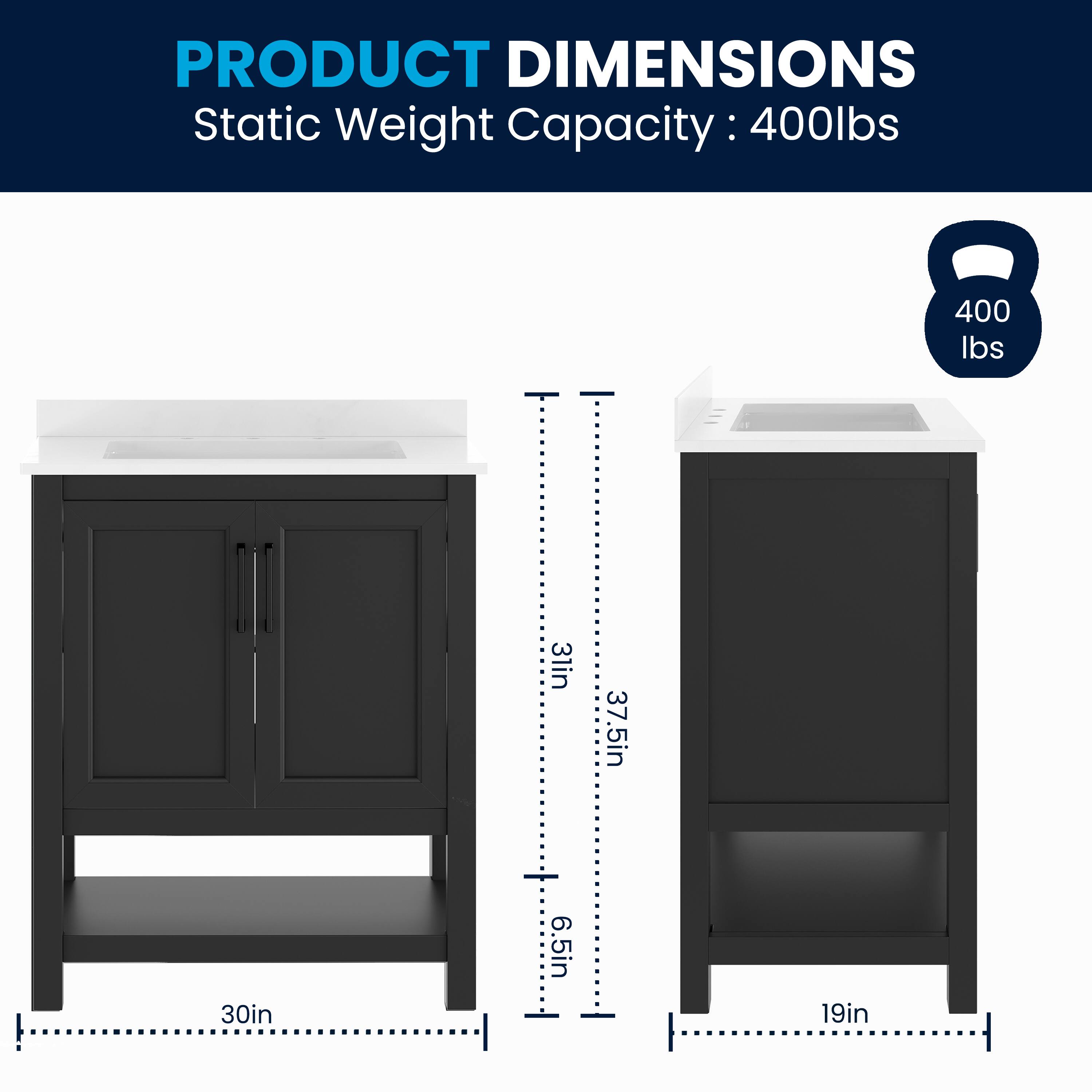 PRODUCT DIMENSIONS  
Static Weight Capacity: 400lbs  
31in x 37.5in x 30in x 6.5in x 19in