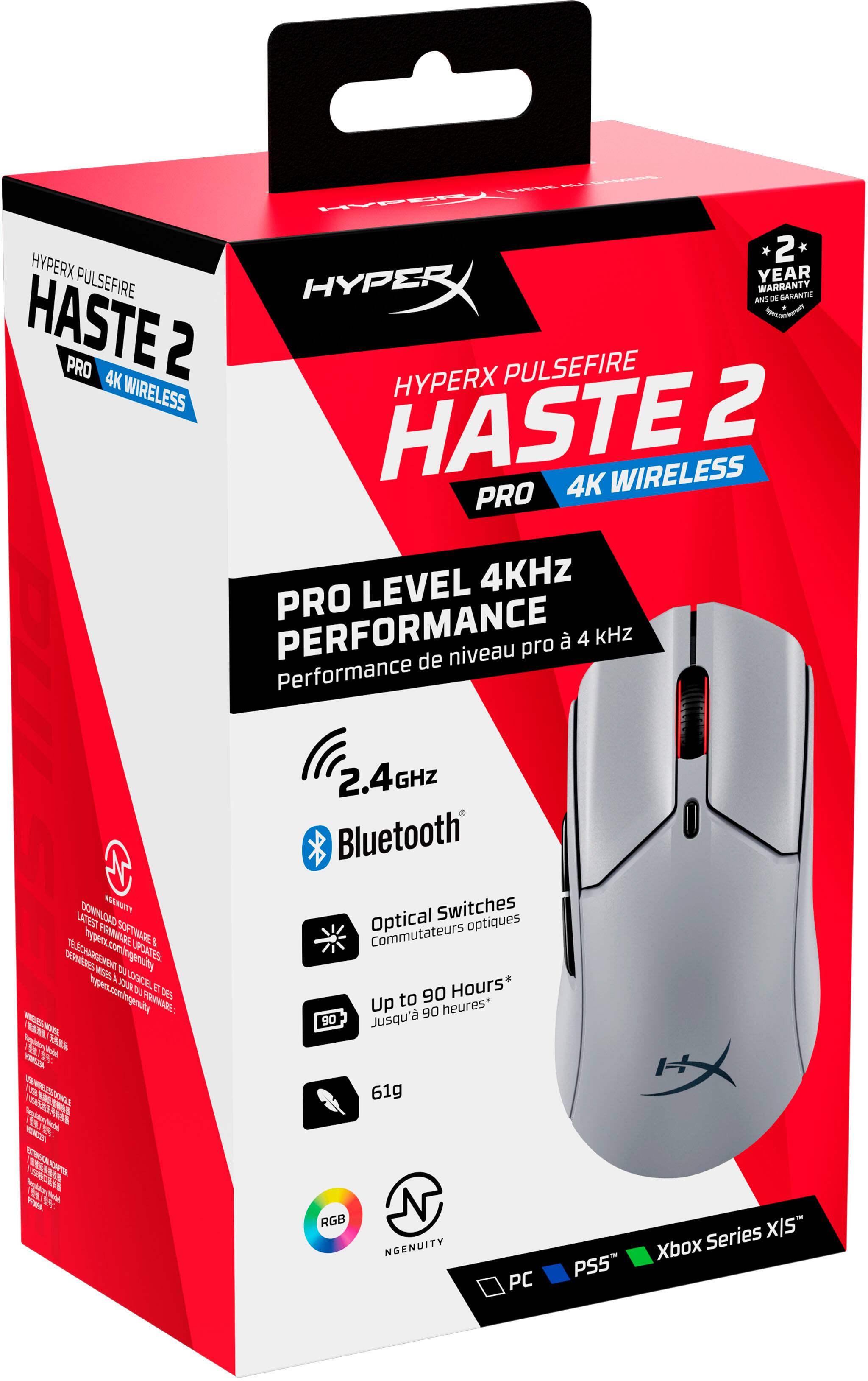 The text on the image is in French, so I will provide a corrected version in English.

The product is a HyperX Pulsefire Haste 2 wireless mouse, which comes with a 2.4GHz Bluetooth and a 90-hour battery life. The mouse has an optical switch and an RGB lighting system. It is designed for pro-level performance and is compatible with PC and gaming consoles such as PS5 and Xbox Series X. The product comes with a one-year warranty and can be downloaded from the latest software updates at hyperx.com/ngenuity.