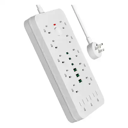Front. Dazzed Corner - 10FT Surge Protector – 13 AC Outlets, 3 USB-A, 3 USB-C - White.
