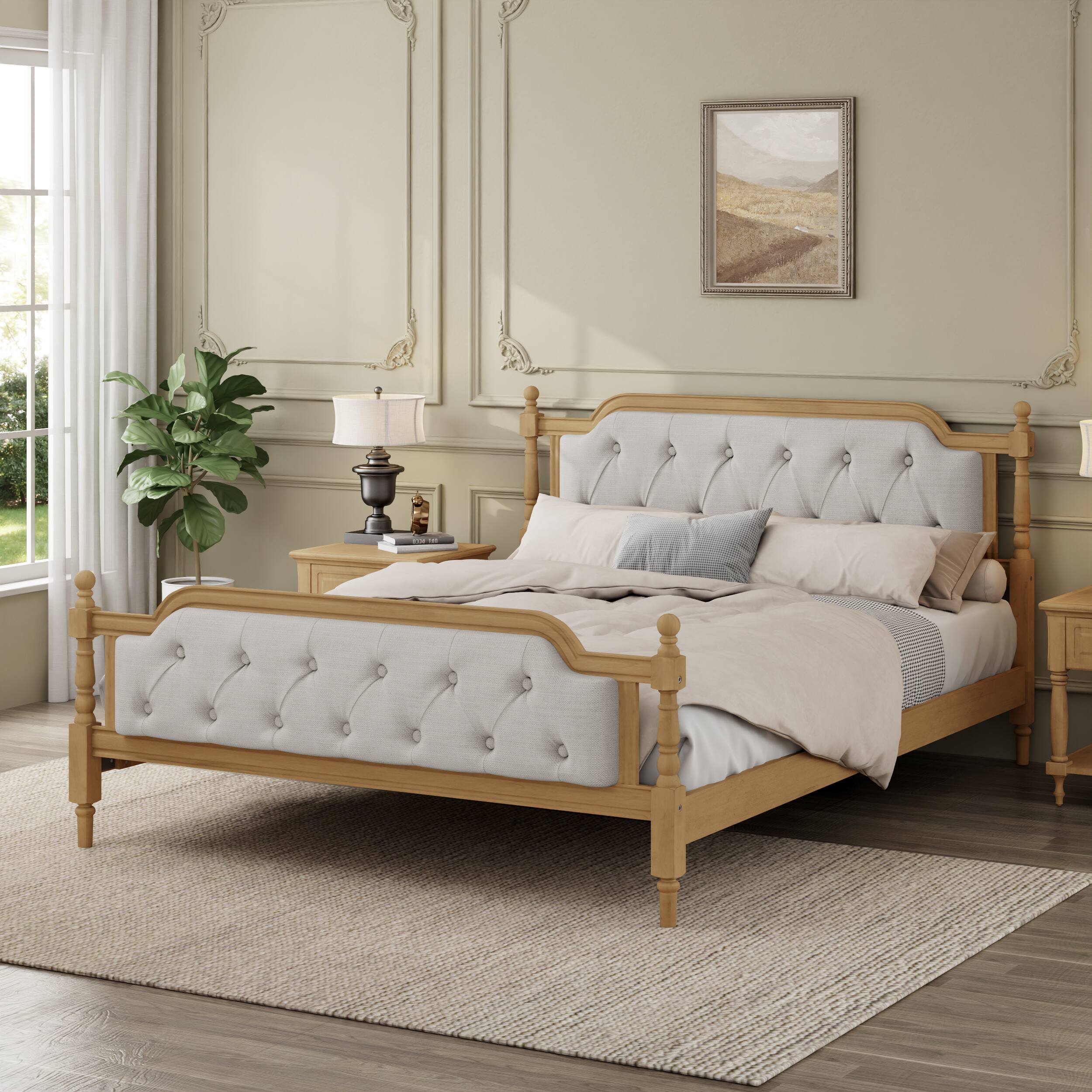 Front. Tiramisubest - Traditional Style Solid Wood Bed Frame with Upholstered Tufted Headboard,No Box Spring Needed,Queen Size, Antique Walnut - Walnut.