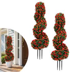 Front. Gymax - Gymax Artificial Spiral Topiary Trees Set of 2 w/ Sun Protection & Ground Spikes Red - Red.