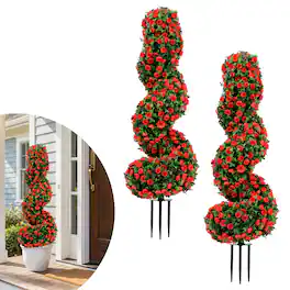 Gymax - Artificial Spiral Topiary Trees Set of 2 w/ Sun Protection & Ground Spikes - Red