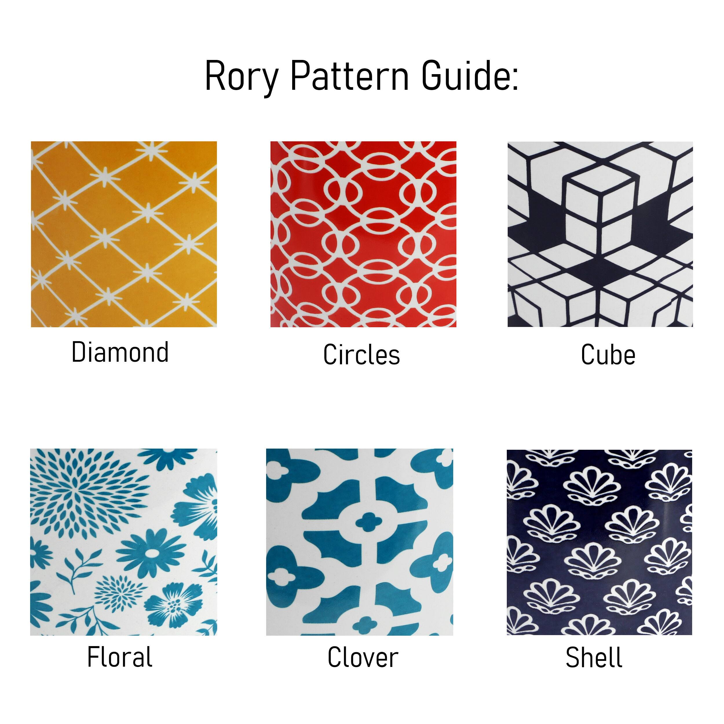 Rory Pattern Guide:  
- Diamond  
- Circles  
- Cube  
- Floral  
- Clover  
- Shell