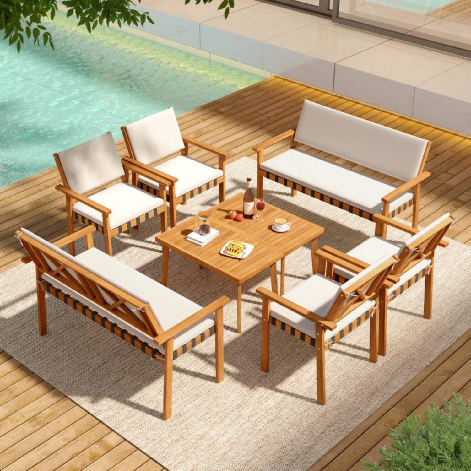 Alt View 1. Mondawe - 4-Piece Freestanding Acacia Wood Patio Set with Loveseat, 2 Chairs & Table - Off White+White.