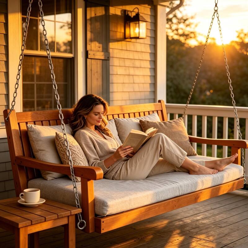 Angle. Fortune Candy - 6FT Wooden Porch Daybed Swing w/Cushion, Solid Fir Frame, Weather-Resistant Outdoor Hanging Daybed, Heavy-Duty 1000LBS - Teak Tone.