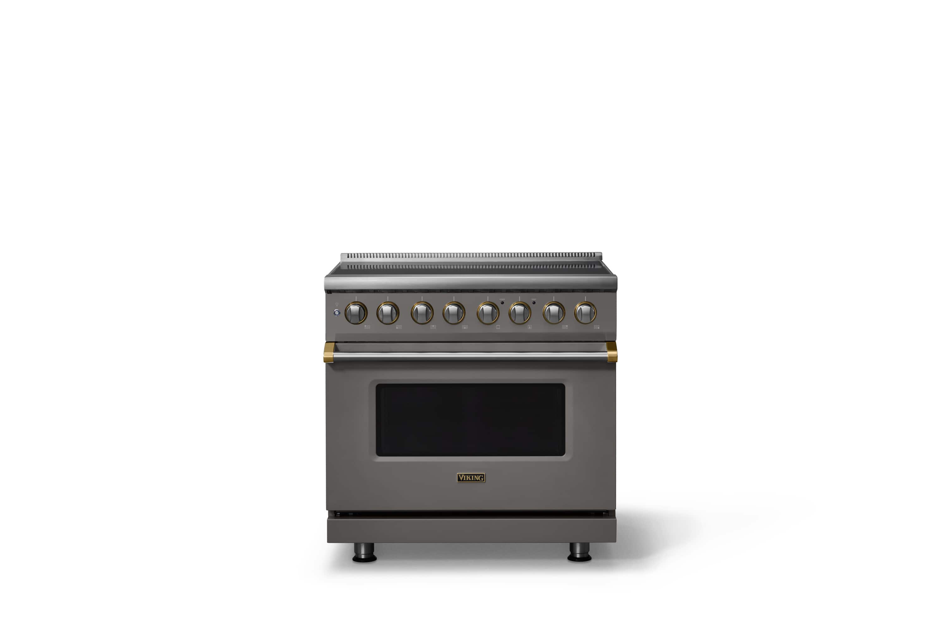 Front. Viking - 36 in. Wide 6 Elements Pro 5 Series 5.6 Cu.Ft. Freestanding Induction Convection Range with Brushed Brass Trim - Damascus Gray.