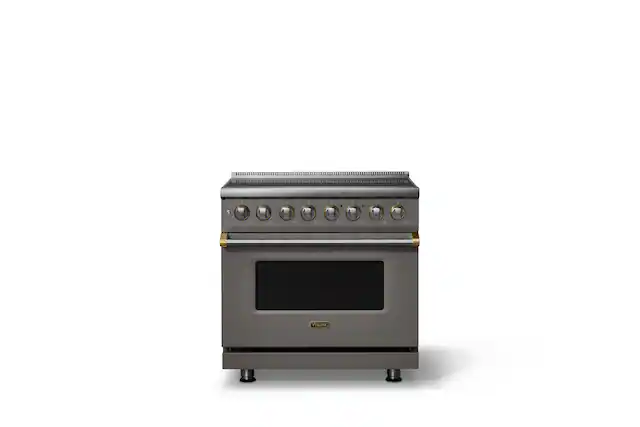 Front. Viking - 36 in. Wide 6 Elements Pro 5 Series 5.6 Cu.Ft. Freestanding Induction Convection Range with Brushed Brass Trim - Damascus Gray.