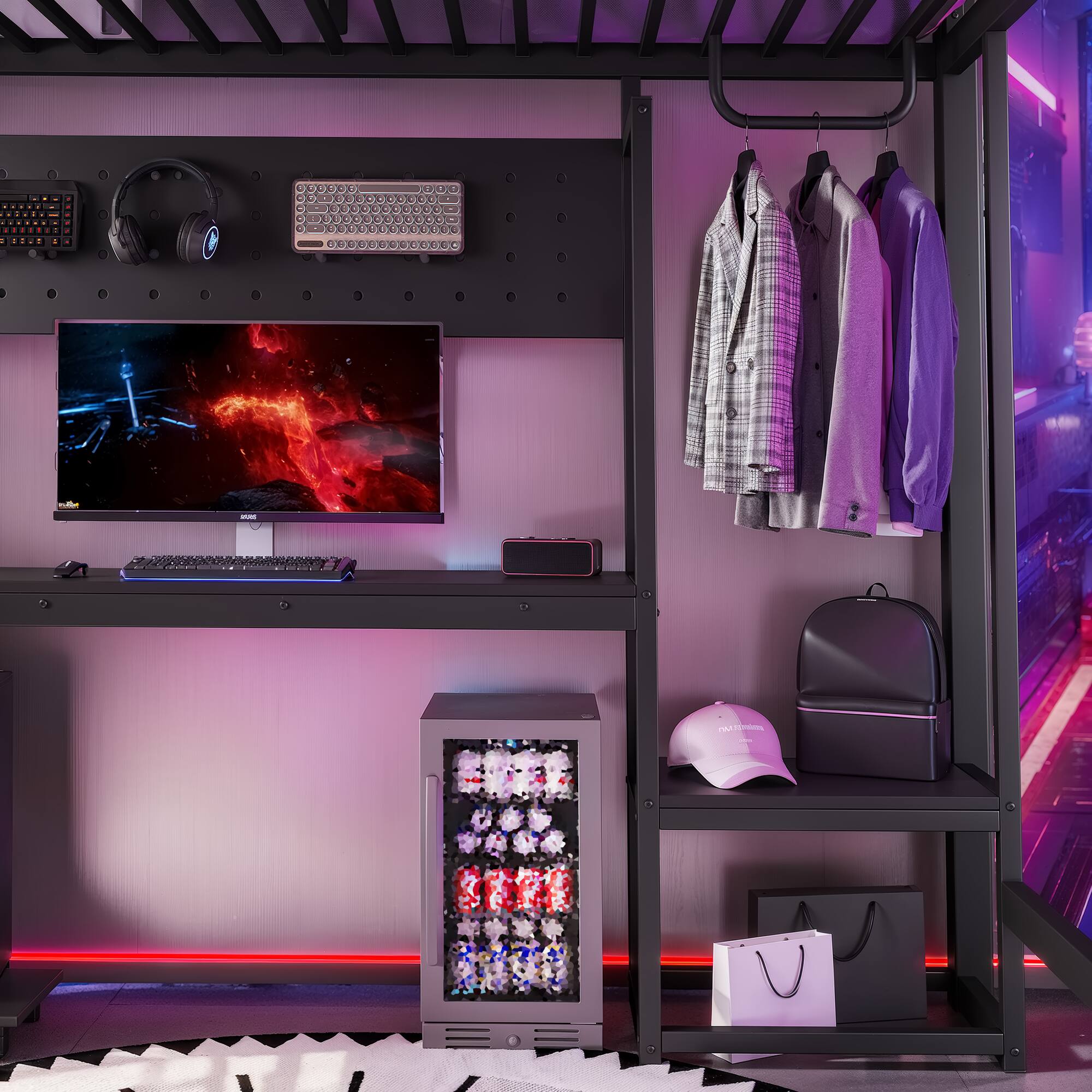Alt View 1. Anysun - Full Loft Bed w/ L-Shaped Desk, USB Ports, Metal Frame, Computer Tray, Peg Board, Z-Shaped LED Lights - Black.