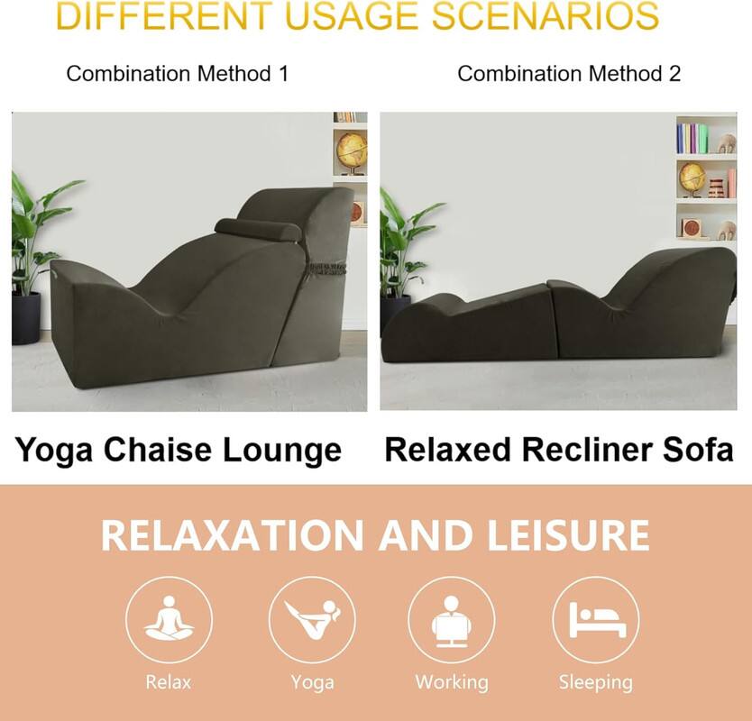 DIFFERENT USAGE SCENARIOS

Combination Method 1  
Combination Method 2

Yoga Chaise Lounge  
Relaxed Recliner Sofa

RELAXATION AND LEISURE

Relax  
Yoga  
Working  
Sleeping