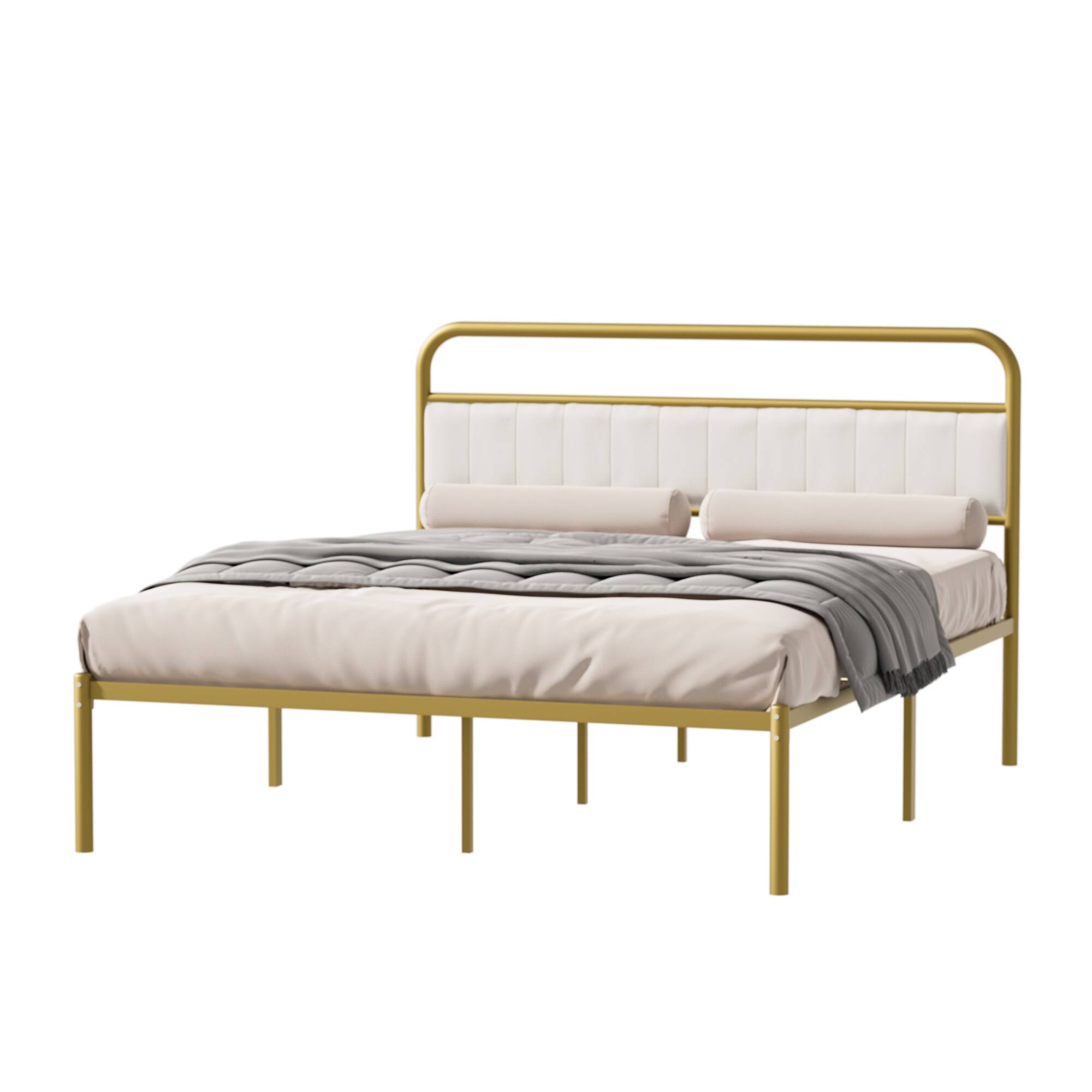 Back. GOODSILO - Queen-Size Upholstered Platform Bed Frame with Metal and Wood Construction Adjustable for Various Settings - Beige+Gold.
