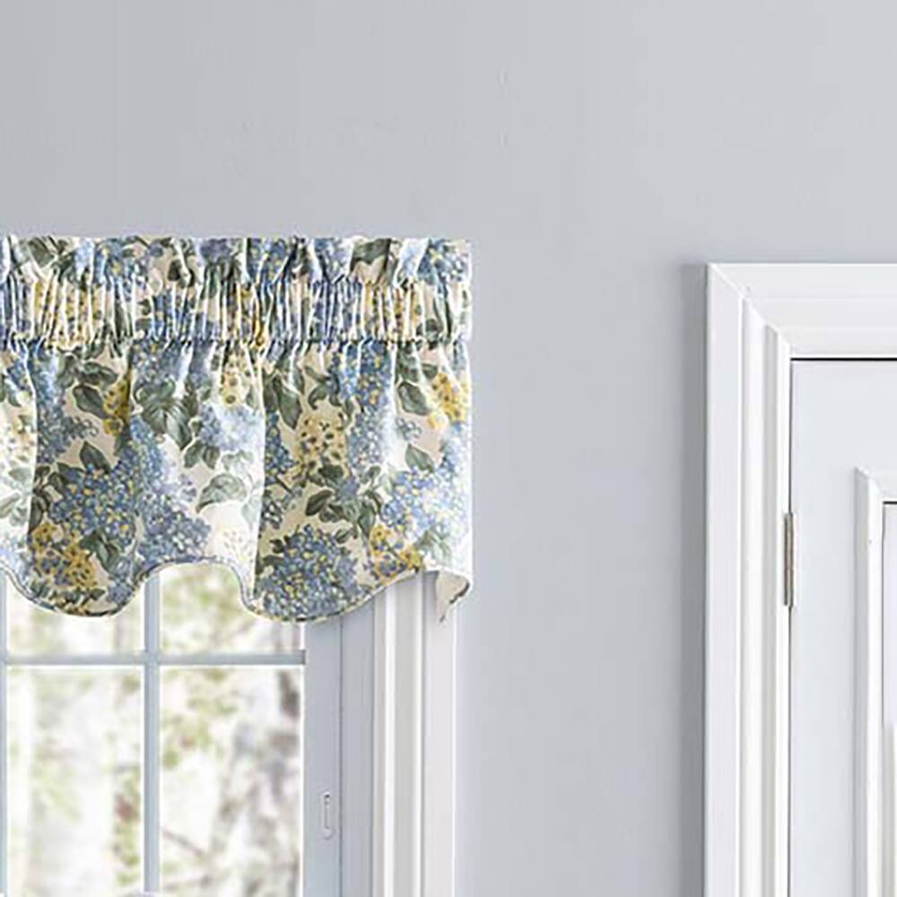 Left. Ellis Curtain - Ellis Hydrangea Classic Pattern Printed 3" Rod Pocket Window Scallop Valance Lined 70"x15" Blue - Blue.