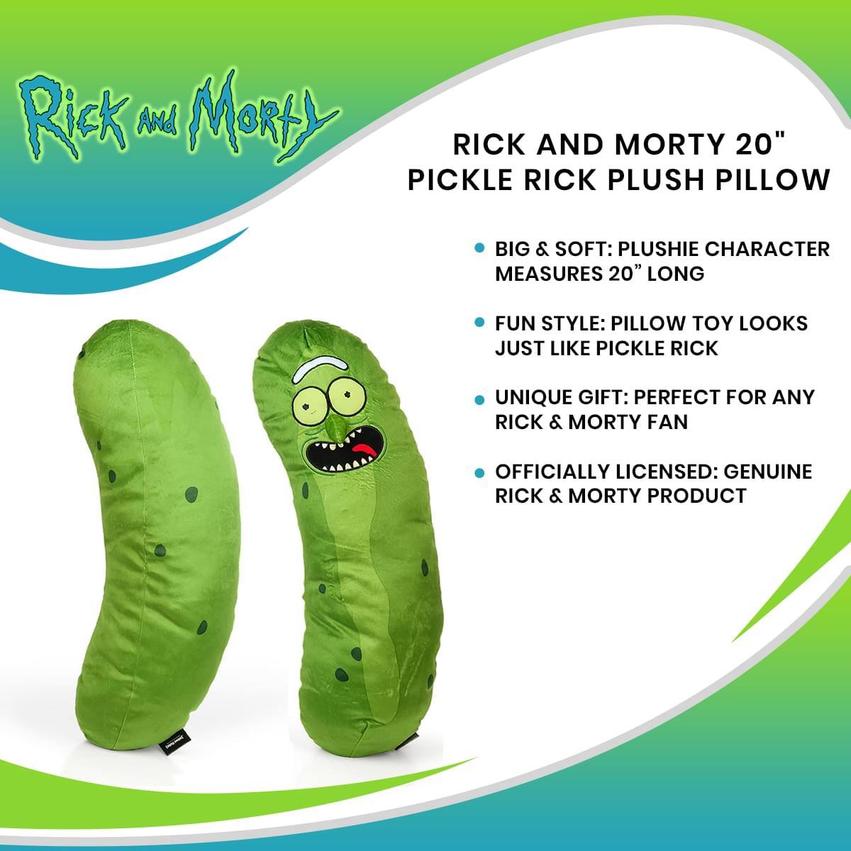 Rick and Morty 20" Pickle Rick Plush Pillow

- Big & Soft: Plushie character measures 20" long
- Fun Style: Pillow toy looks just like Pickle Rick
- Unique Gift: Perfect for any Rick & Morty fan
- Officially Licensed: Genuine Rick & Morty product