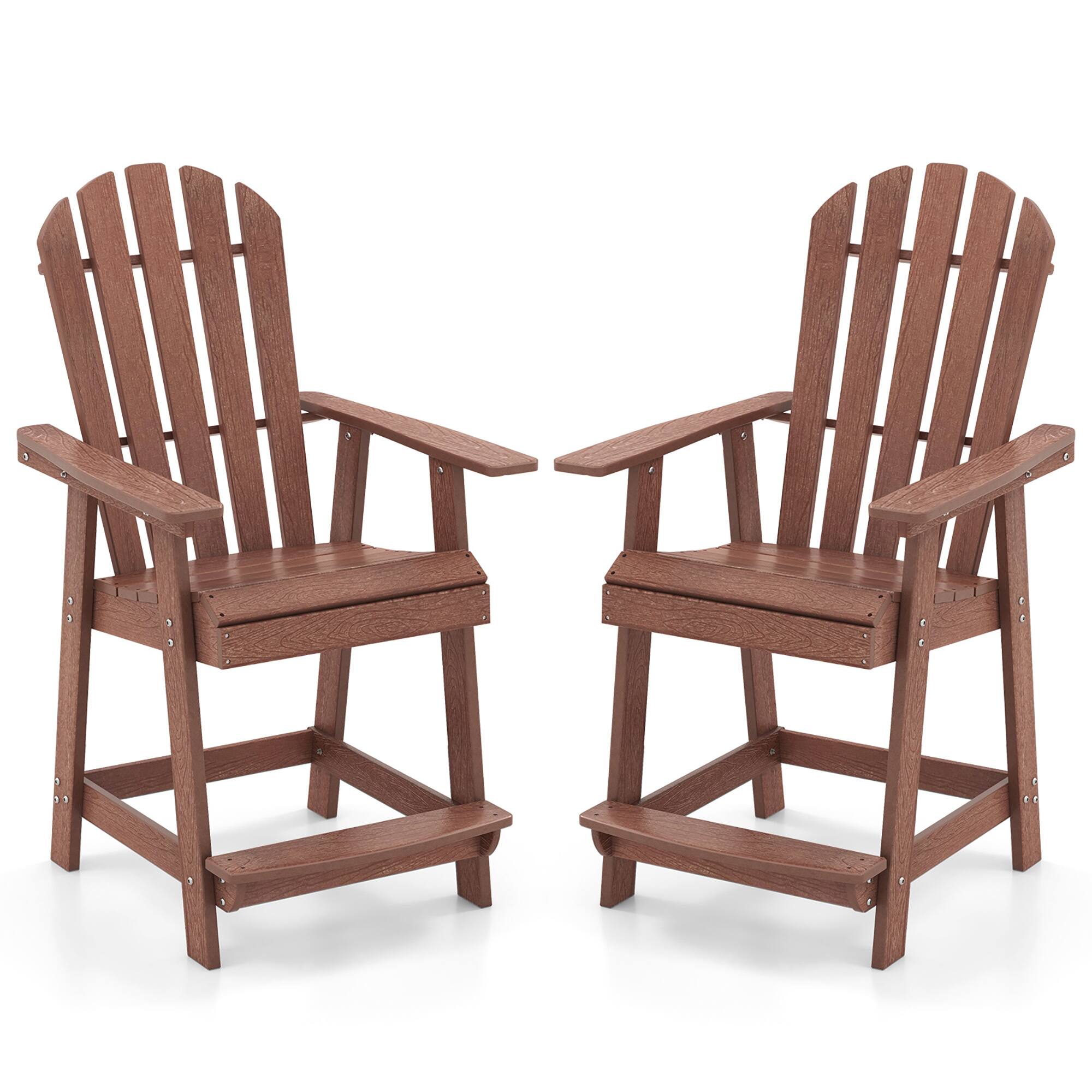 Front. Gymax - Gymax 2 PCS Bar Stool HDPE Patio Chair w/ Armrest Footrest Home Indoor Outdoor Brown - Brown.