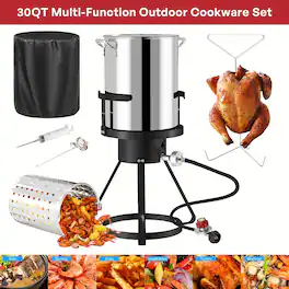 Fehokinch - 30QT Stainless Steel Turkey Fryer,Outdoor Fryers with Cover,Basket,50,000 BTU Propane Burner - Silver