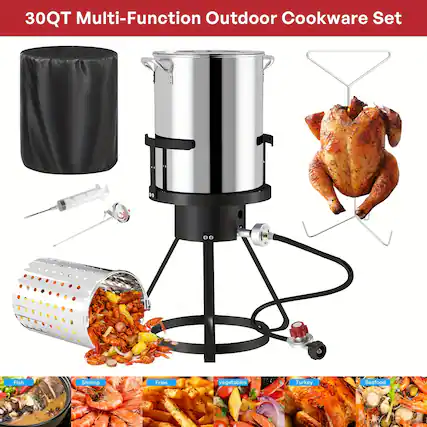 30QT Multi-Function Outdoor Cookware Set
Fish
Shrimp
Fries
Vegetables
Turkey
Seafood