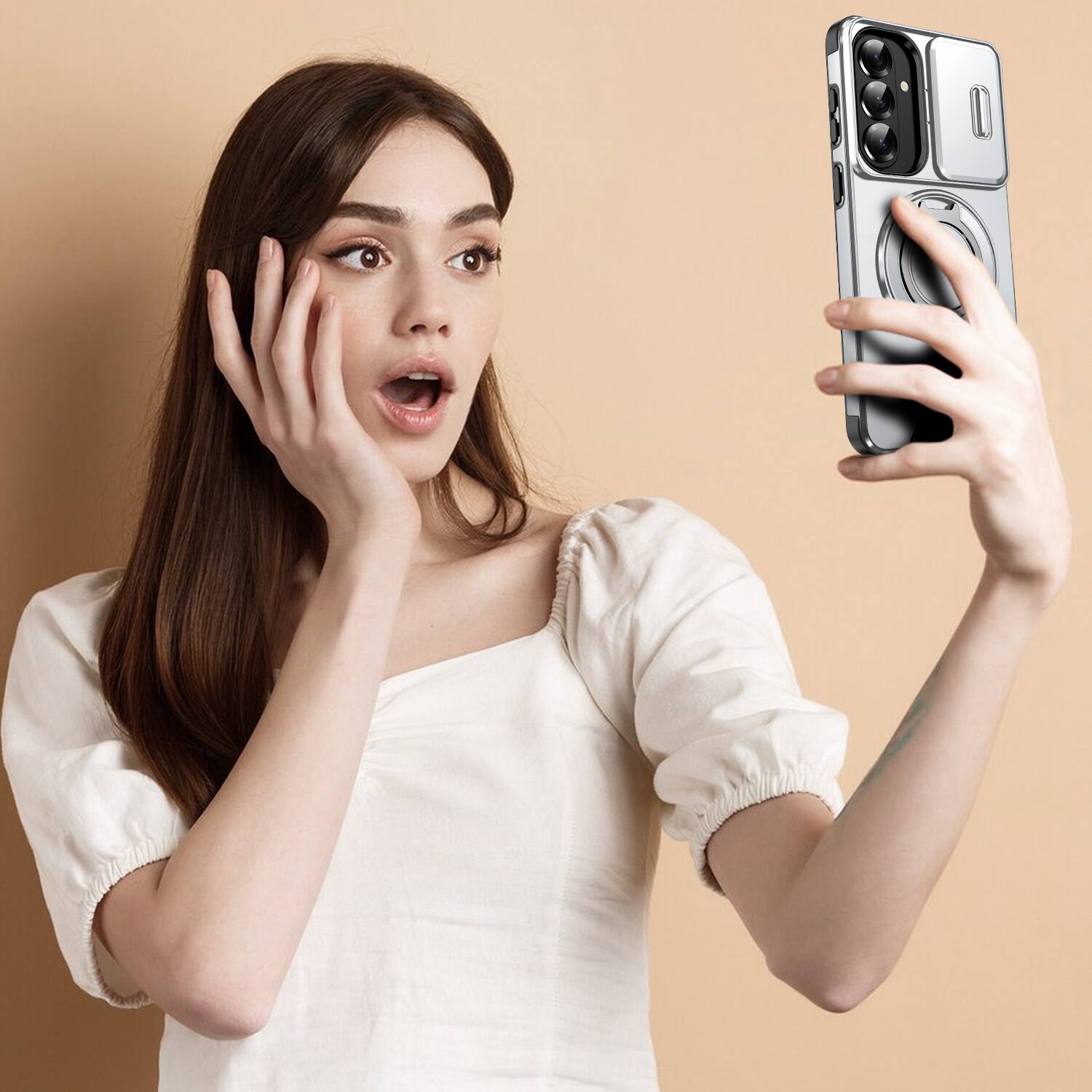 Alt View 6. UUCOVER - For Samsung Galaxy S26+ Magnetic Case with Slide Camera Lens Cover and Rotatable Ring Kickstand, Drop Protection Cover - Silver.