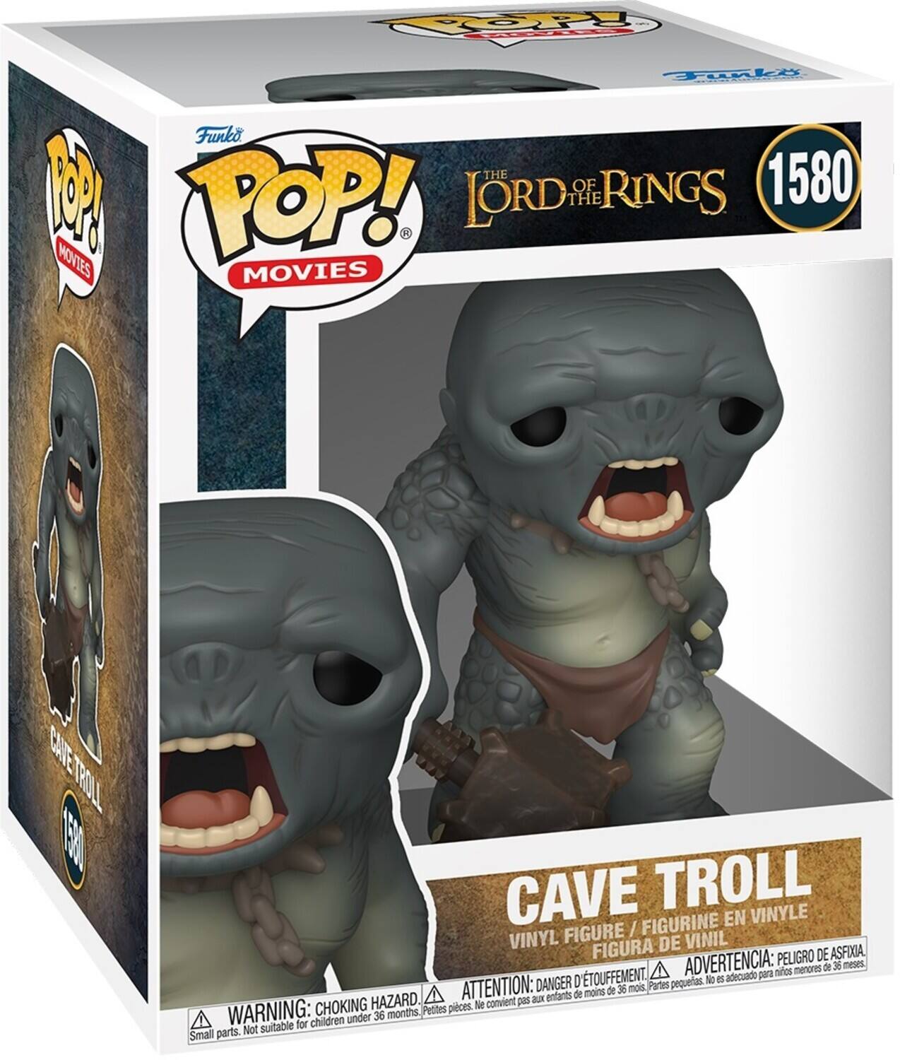 Sure, here is the corrected and grouped text from the image:

---

**Top Left:**
- POP! MOVIES

**Top Right:**
- Funko
- POP! MOVIES
- THE LORD OF THE RINGS
- 1580

**Bottom Left:**
- CAVE TROLL
- 1580

**Bottom Right:**
- CAVE TROLL
- VINYL FIGURE / FIGURINE EN VINYLE / FIGURA DE VINIL
- WARNING: CHOKING HAZARD. Small parts. Not suitable for children under 36 months.
- ATTENTION: DANGER D'ÉTOUFFEMENT. Petites pièces. Ne convient pas aux enfants de moins de 36 mois.
- ADVERTENCIA: PELIGRO DE ASFIXIA. Partes pequeñas. No es adecuado para niños menores de 36 meses.

---