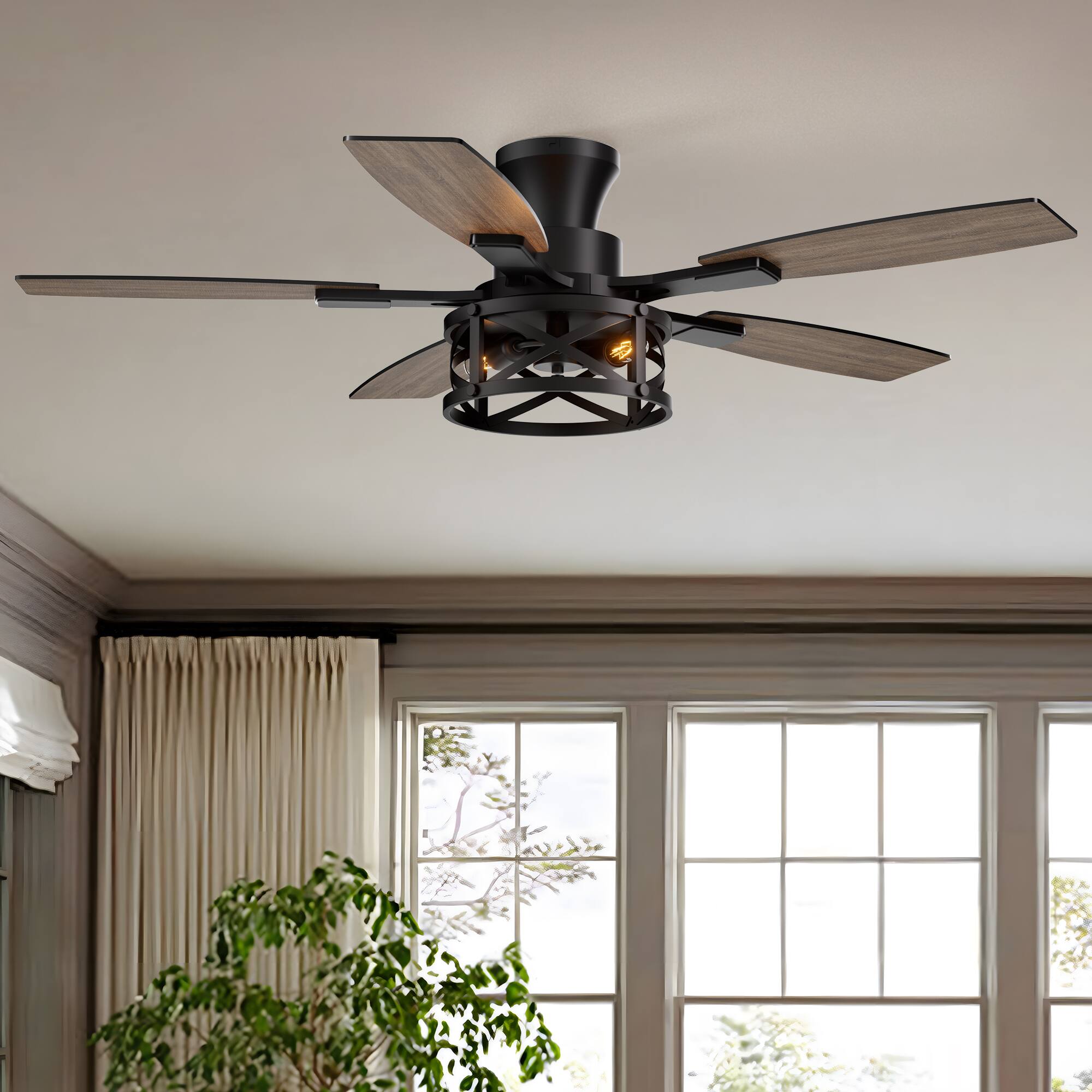 Left. Siljoy - 52 Inch Black Farmhouse Flush Mount Ceiling Fan With Lights and Remote for Patio Bedroom Living Room - Matte Black.