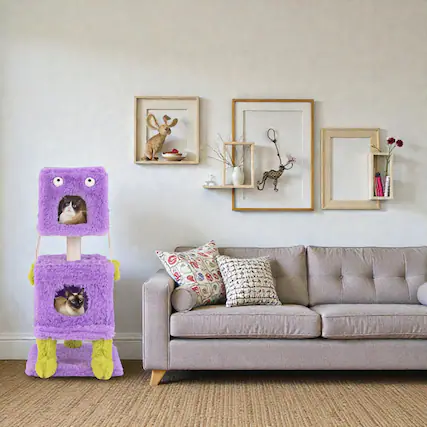Front. BreeBe - Monster-Themed Cat Tower with Two Cozy Condos for Compact Spaces - Purple.