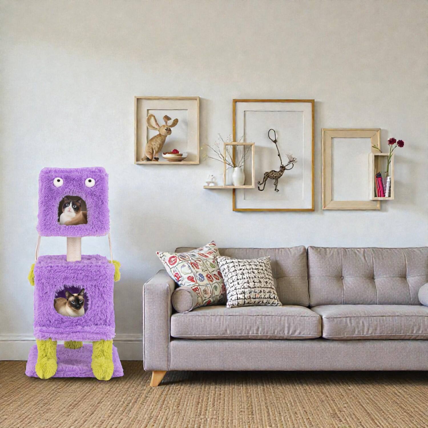 Front. BreeBe - Monster-Themed Cat Tower with Two Cozy Condos for Compact Spaces - Purple.