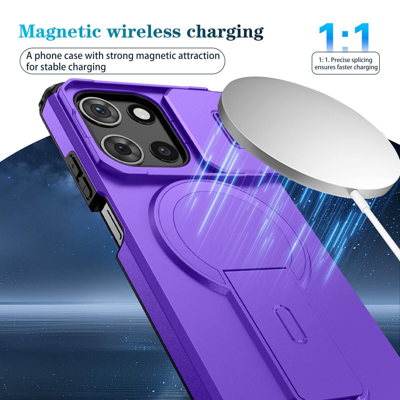 Magnetic wireless charging

A phone case with strong magnetic attraction for stable charging

1:1

1:1. Precise splicing ensures faster charging