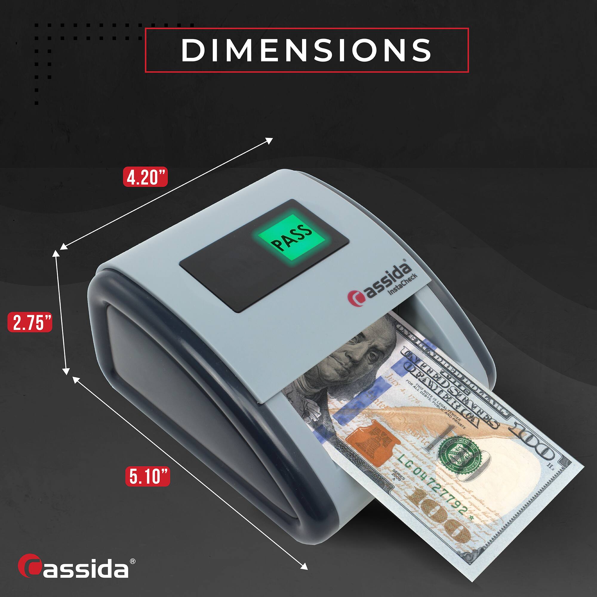 DIMENSIONS  
4.20"  
2.75"  
5.10"  

assida InstaCheck  

PASS  

LG04727792  

assida®
