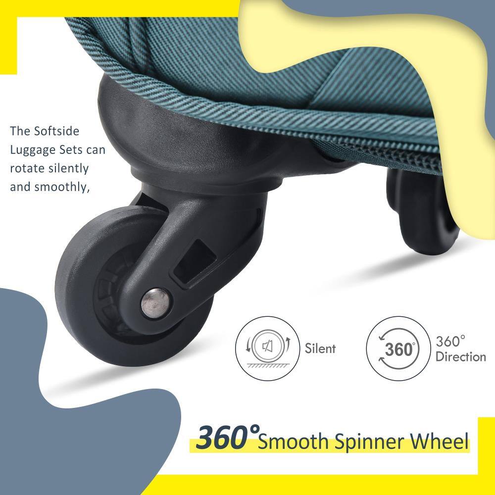 The Softside Luggage Sets can rotate silently and smoothly.

- Silent
- 360° Direction

360° Smooth Spinner Wheel