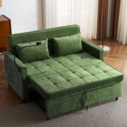 Front. Anysun - 56.9" Loveseat Pull-Out Sofa Bed with USB Ports - Reversible Cushion, Side Pockets & Phone Holder for Living Room - Green.