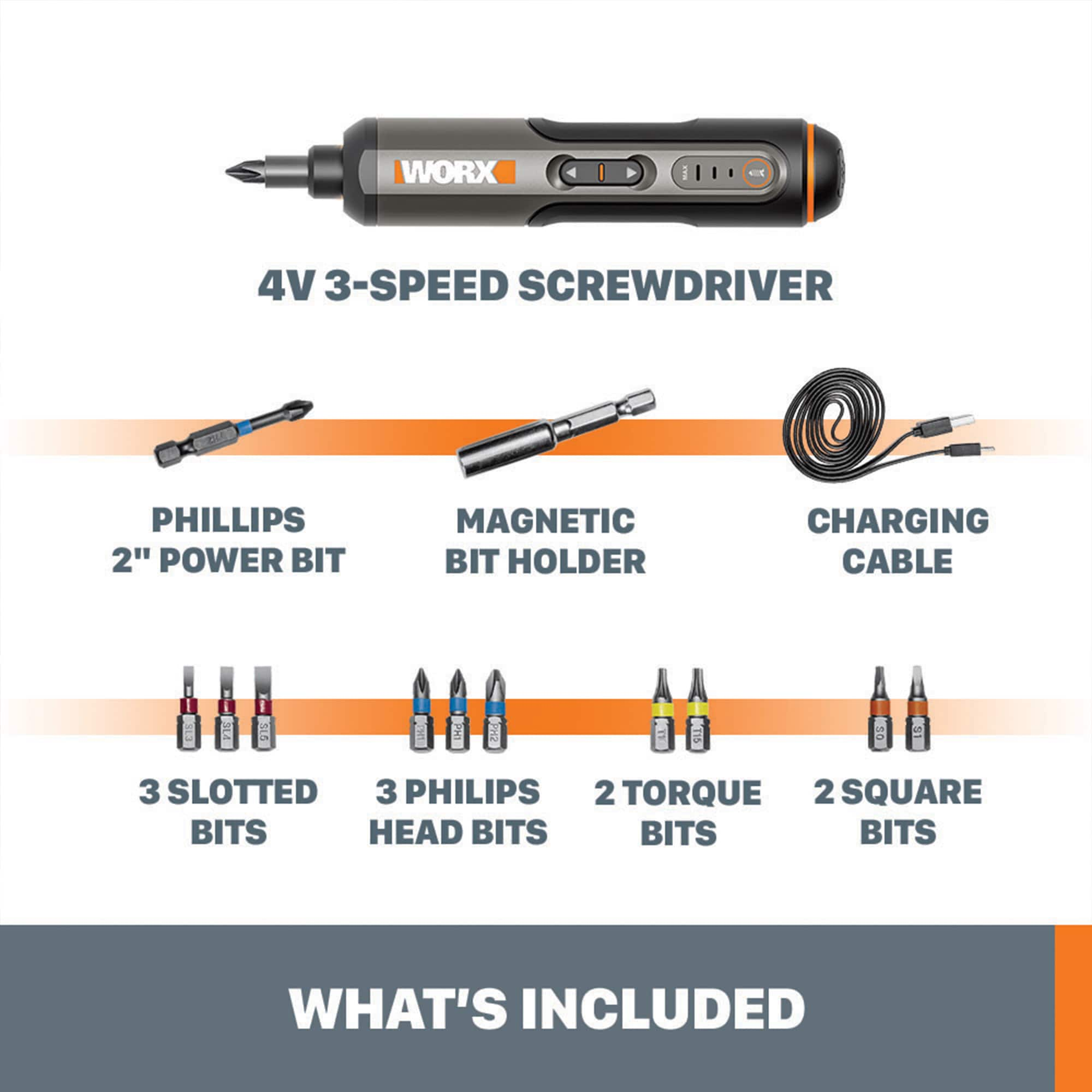 Worx 4v 3-speed Compact Screwdriver With 12 Accessory Bits, Dual Led 