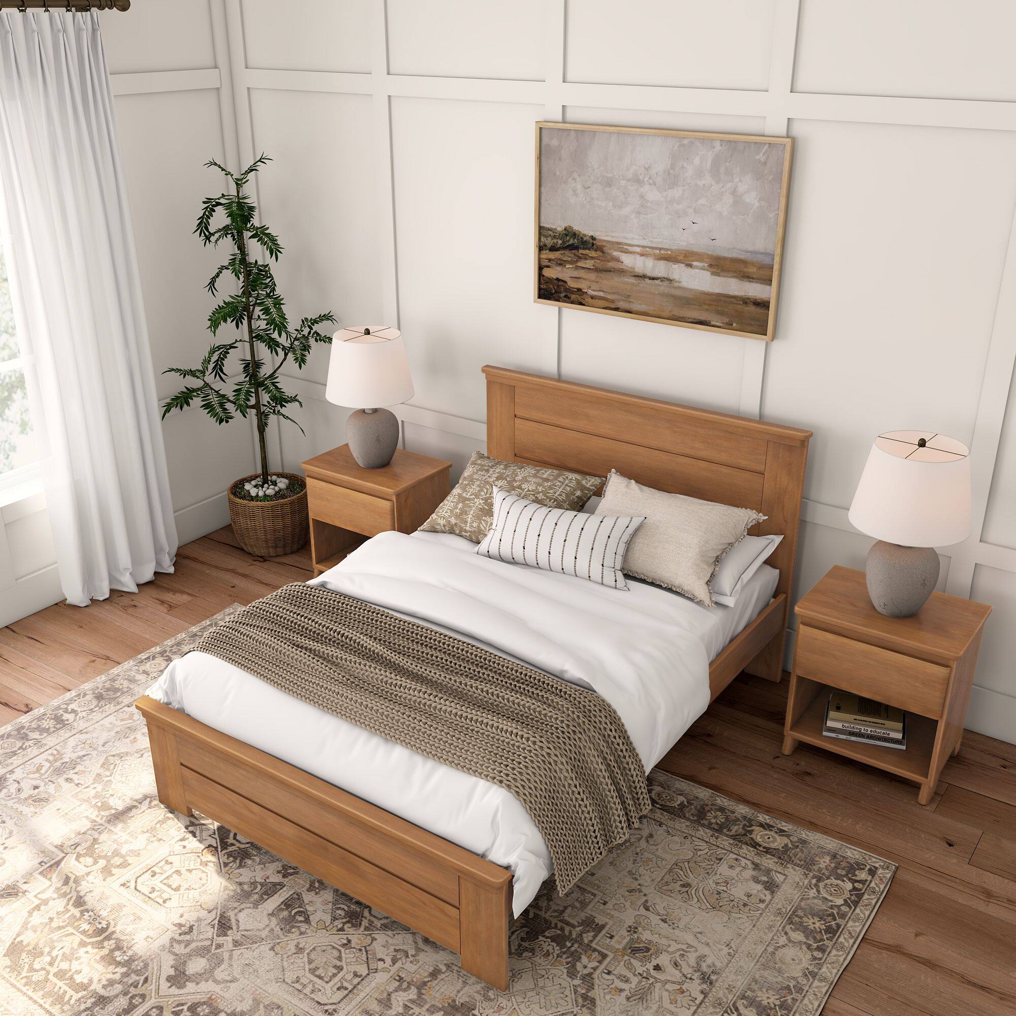 Alt View 4. Plank+Beam - Farmhouse Full Bed with Panel Headboard, Pecan - Pecan Dip.