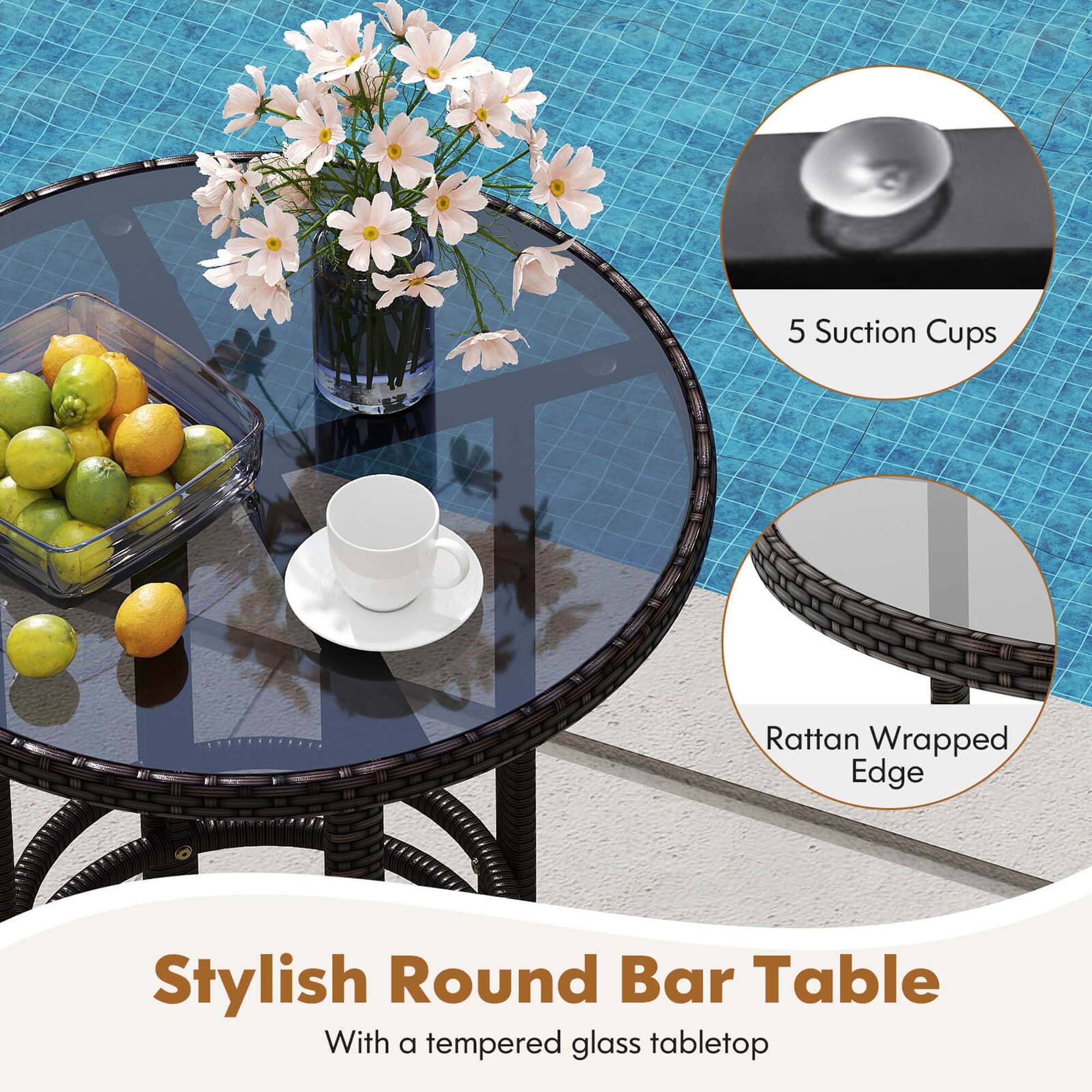 Stylish Round Bar Table with a tempered glass tabletop and 5 Suction Cups Rattan Wrapped Edge.
