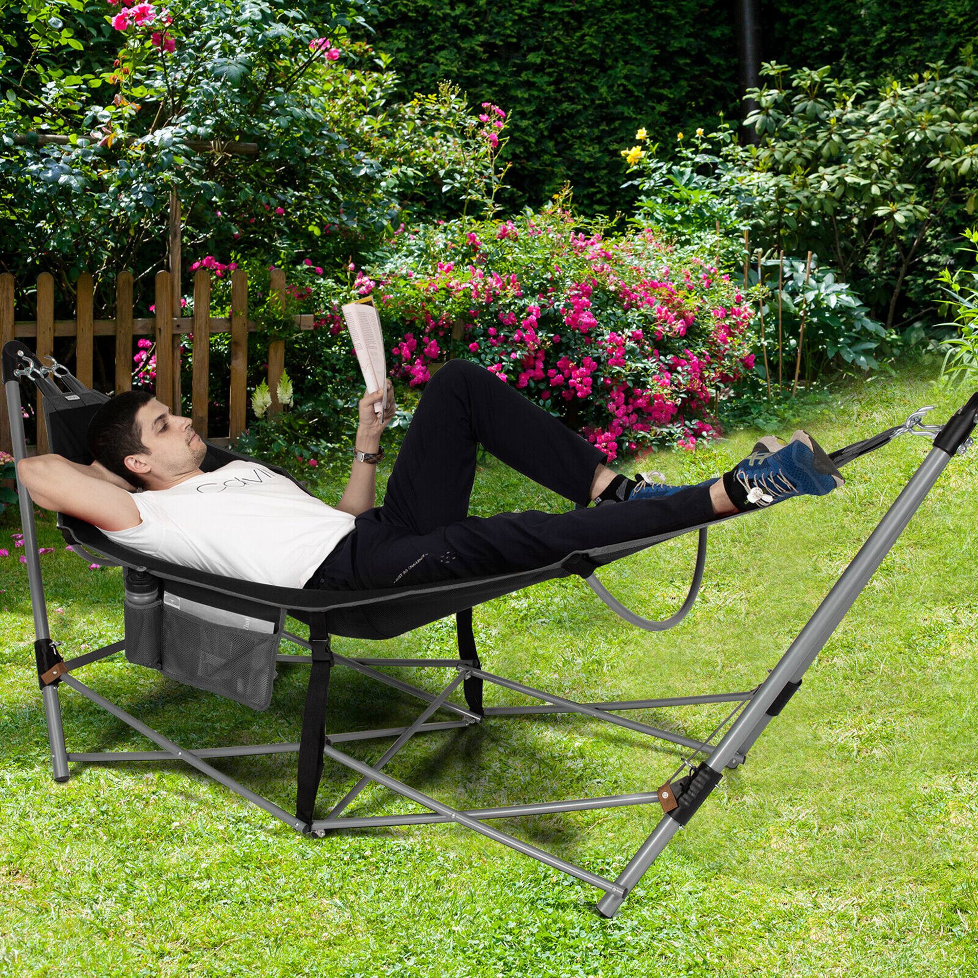 Alt View 3. Costway - Costway Folding Hammock Indoor & Outdoor Hammock with Side Pocket & Iron Stand - Black.