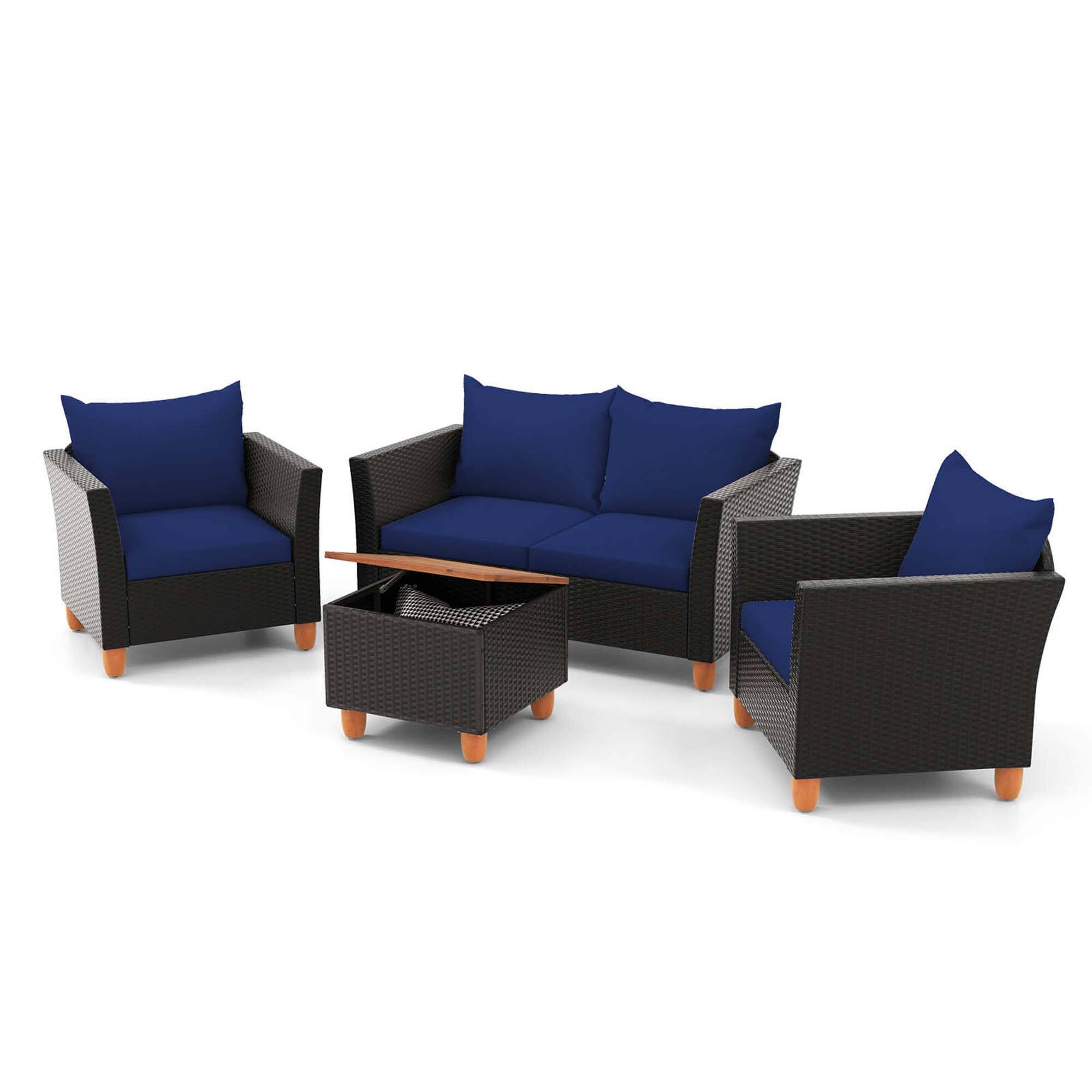 Alt View 9. Costway - 4 PCS Wicker Patio Furniture Set with Removable Cushions Storage Coffee Table - Navy,Black.