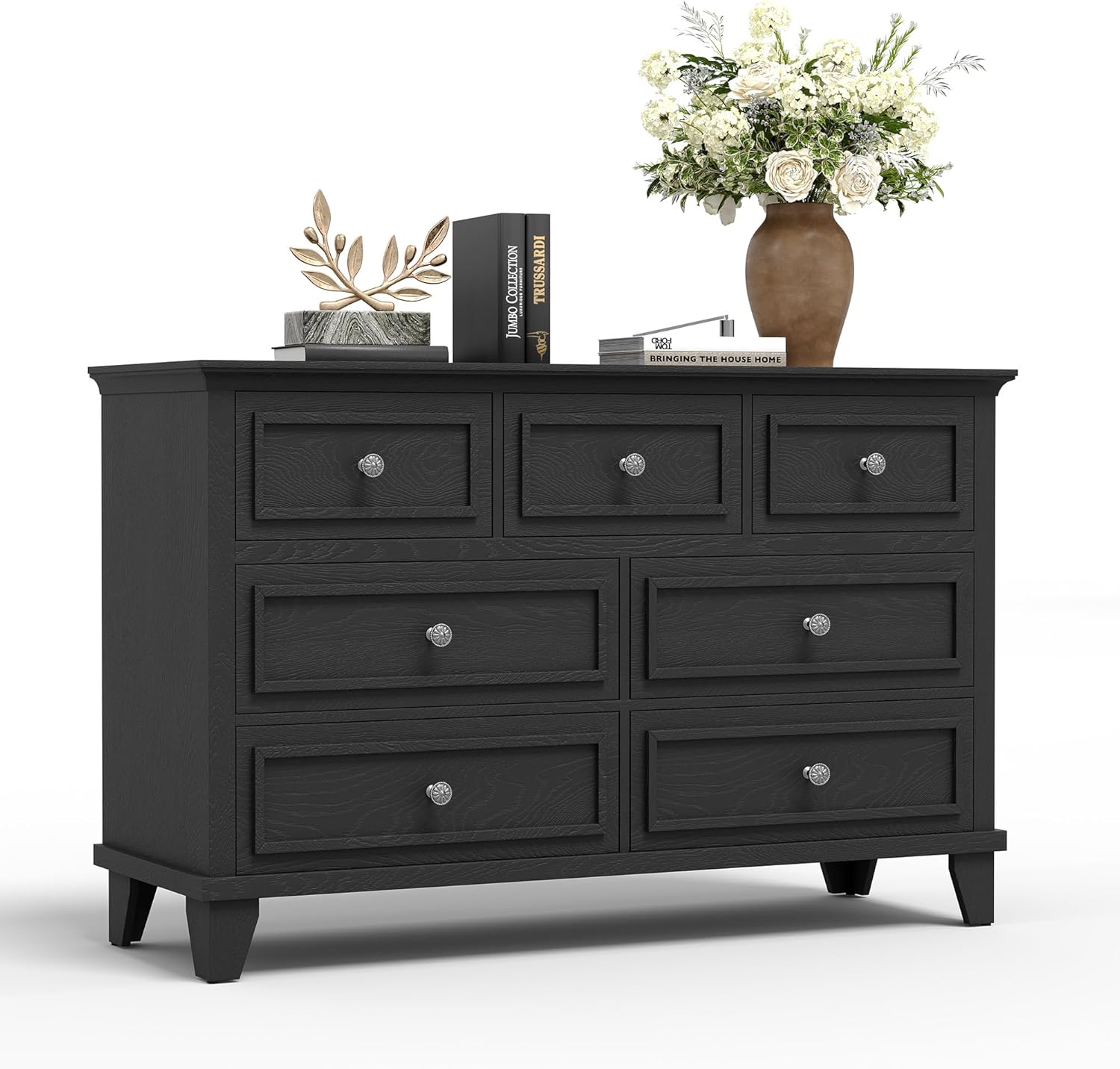 Homhougo- Dresser for Bedroom, 7 Drawer Dresser, Wooden Chest of Drawers with Deep Drawers, 47 in Long Dressers TV Stand- Black