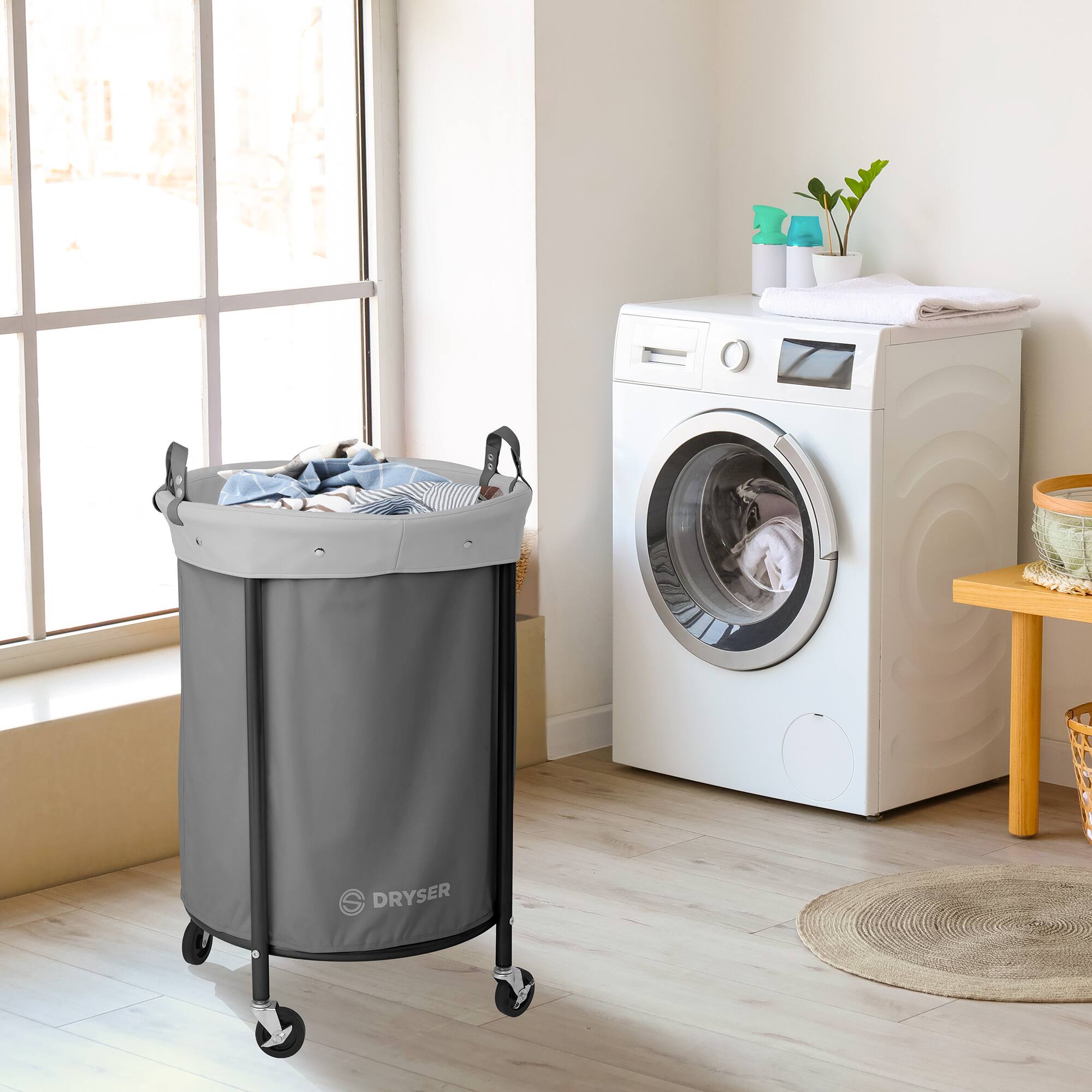 Alt View 6. Dryser - Commercial Round Rolling Canvas Bin Laundry Hamper on Wheels - Grey.