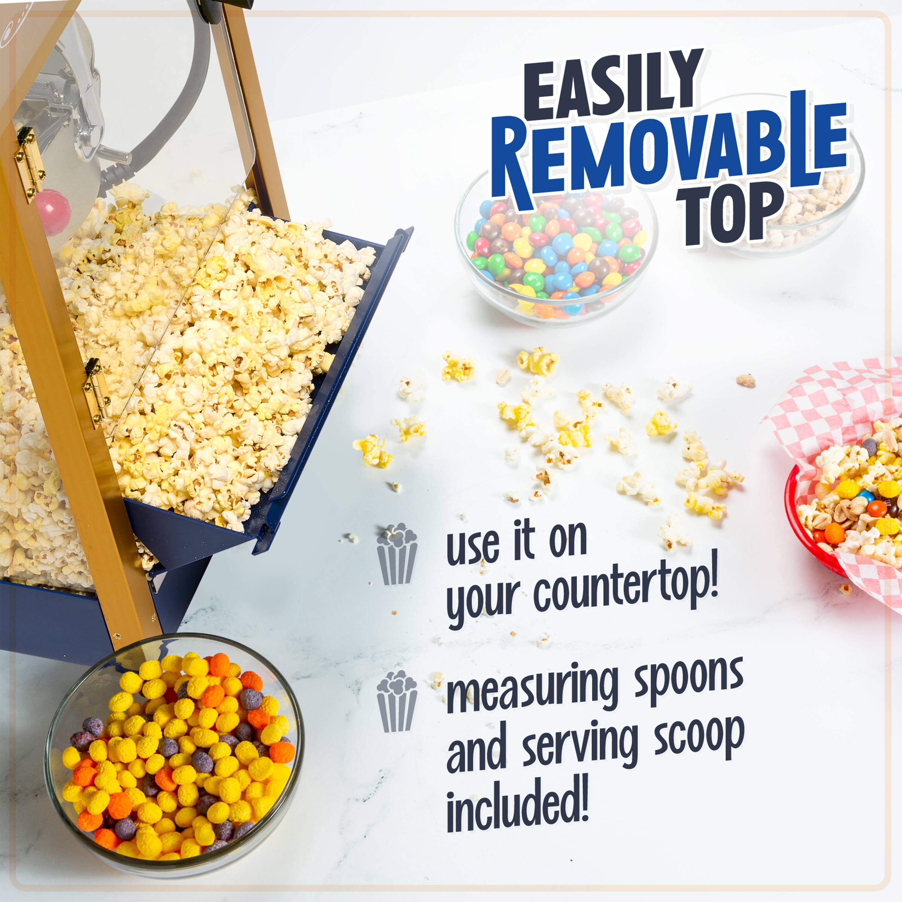 EASILY REMOVABLE TOP  
use it on your countertop!  
measuring spoons and serving scoop included!