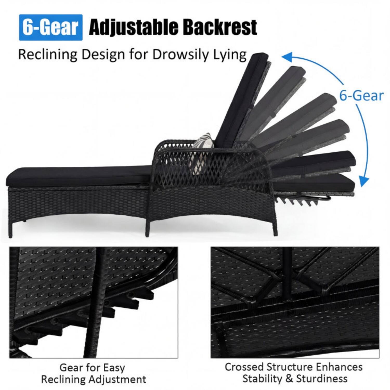6-Gear Adjustable Backrest  
Reclining Design for Drowsily Lying  

6-Gear Gear for Easy Reclining Adjustment  

Crossed Structure Enhances Stability & Sturdiness