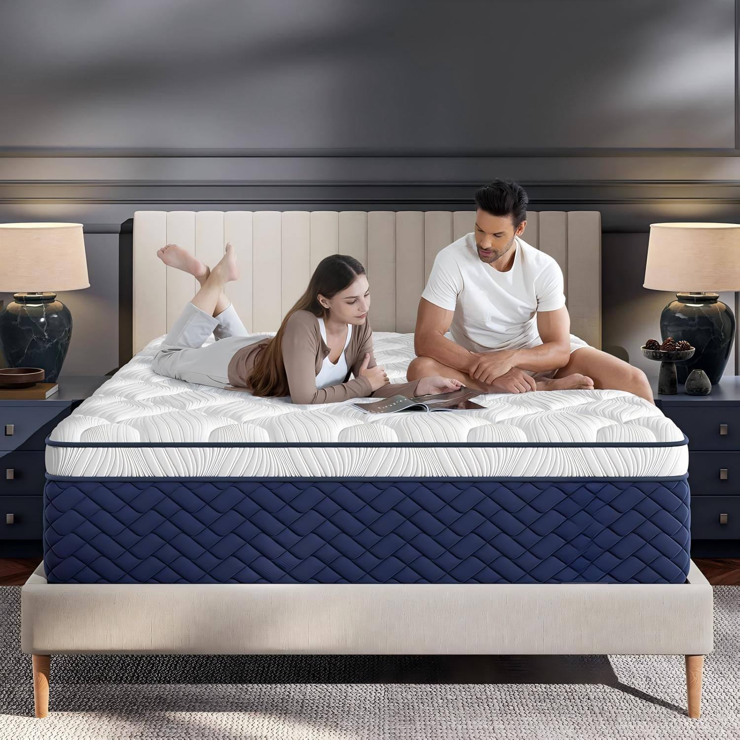 Alt View 7. Ecooso - 12" Queen Hybrid Mattress, Medium-Firm, 5-Zone Support, Back & Hip Relief, Fiberglass-Free - White+Blue.