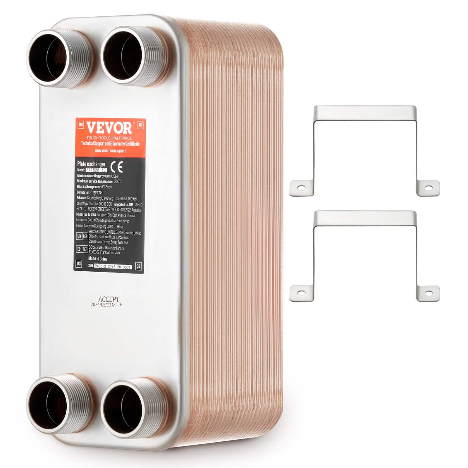 VEVOR - Heat Exchanger, 5"x 12" 50 Plates Brazed Plate Heat Exchanger, Copper/316L Stainless Steel Water To Water Heat Exchanger - Stainless Steel + Copper Color