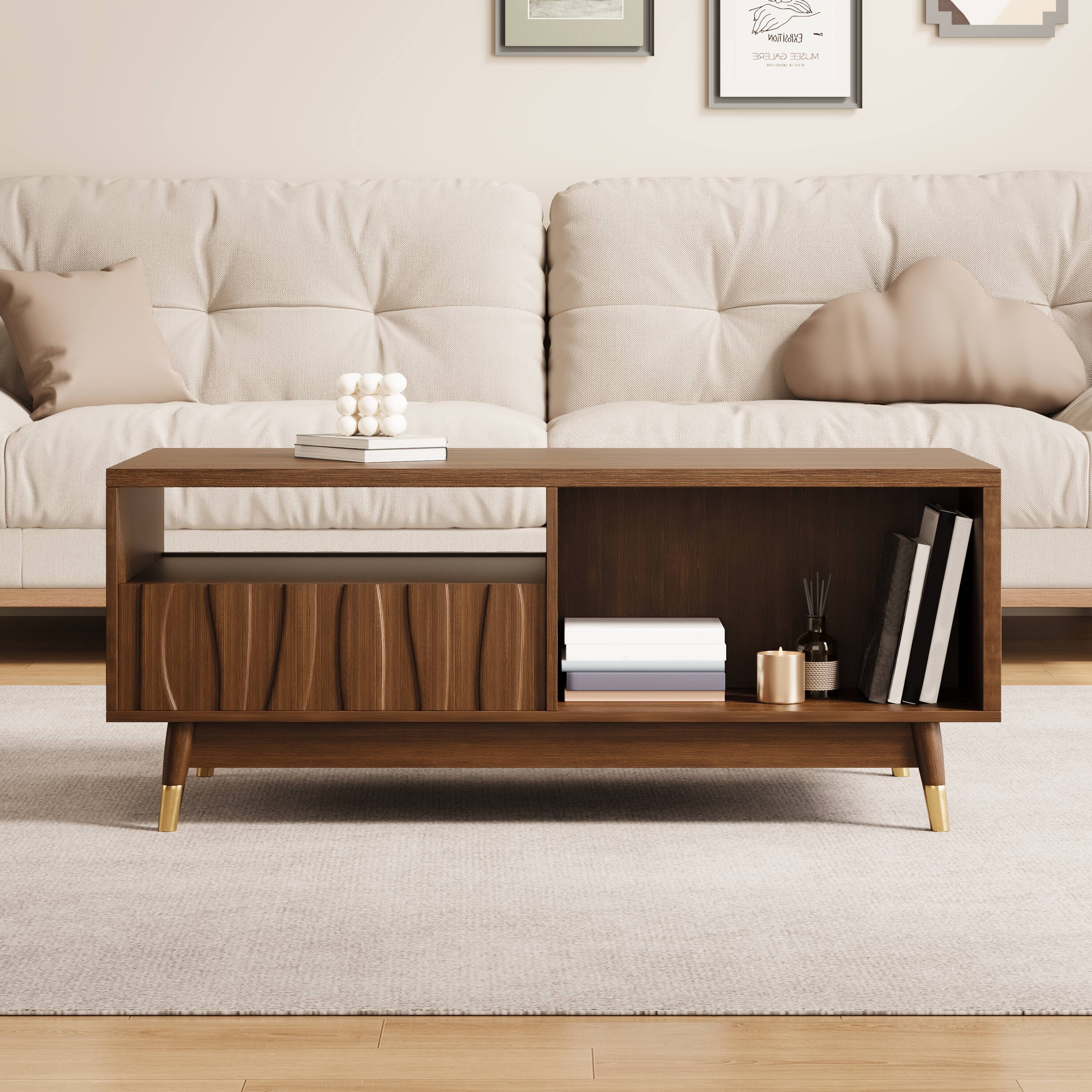 Alt View 2. MSOOB - 47" Mid Century Modern Wooden Coffee Table, Retro Brown Walnut Finish Rectangular Side Table - Brown.
