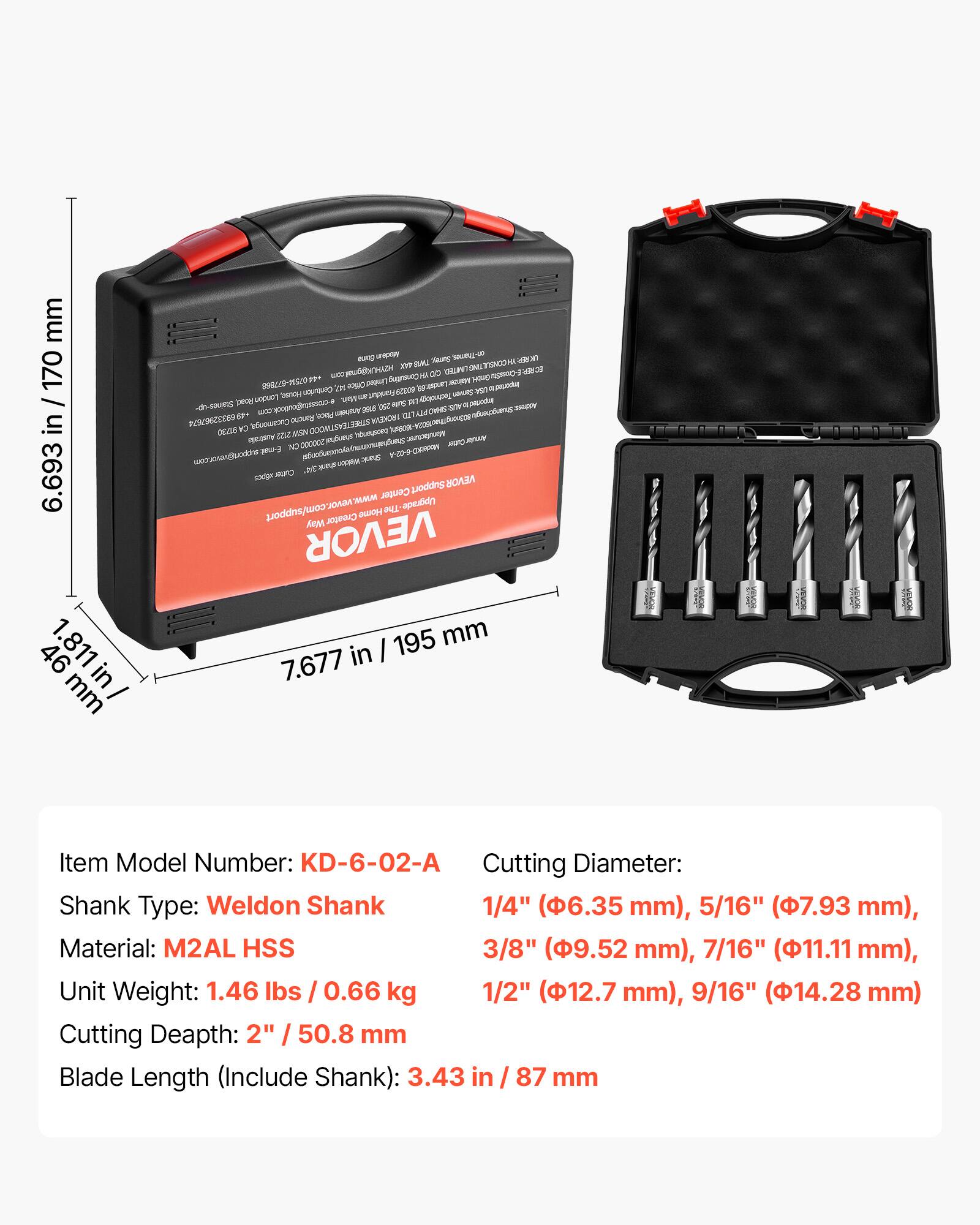 Item Model Number: KD-6-02-A  
Shank Type: Weldon Shank  
Material: M2AL HSS  
Unit Weight: 1.46 lbs / 0.66 kg  
Cutting Depth: 2" / 50.8 mm  
Blade Length (Include Shank): 3.43 in / 87 mm  

Cutting Diameter:  
1/4" (6.35 mm), 5/16" (7.93 mm), 3/8" (9.52 mm), 7/16" (11.11 mm), 1/2" (12.7 mm), 9/16" (14.28 mm)  

Dimensions:  
Height: 6.693 in / 170 mm  
Width: 7.677 in / 195 mm  
Depth: 1.811 in / 46 mm