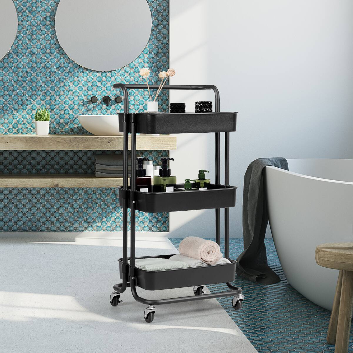 Alt View 3. Costway - 3 Tier Rolling Cart W/Wheels Practical Handle&ABS Storage Basket Organizer Black - Black.