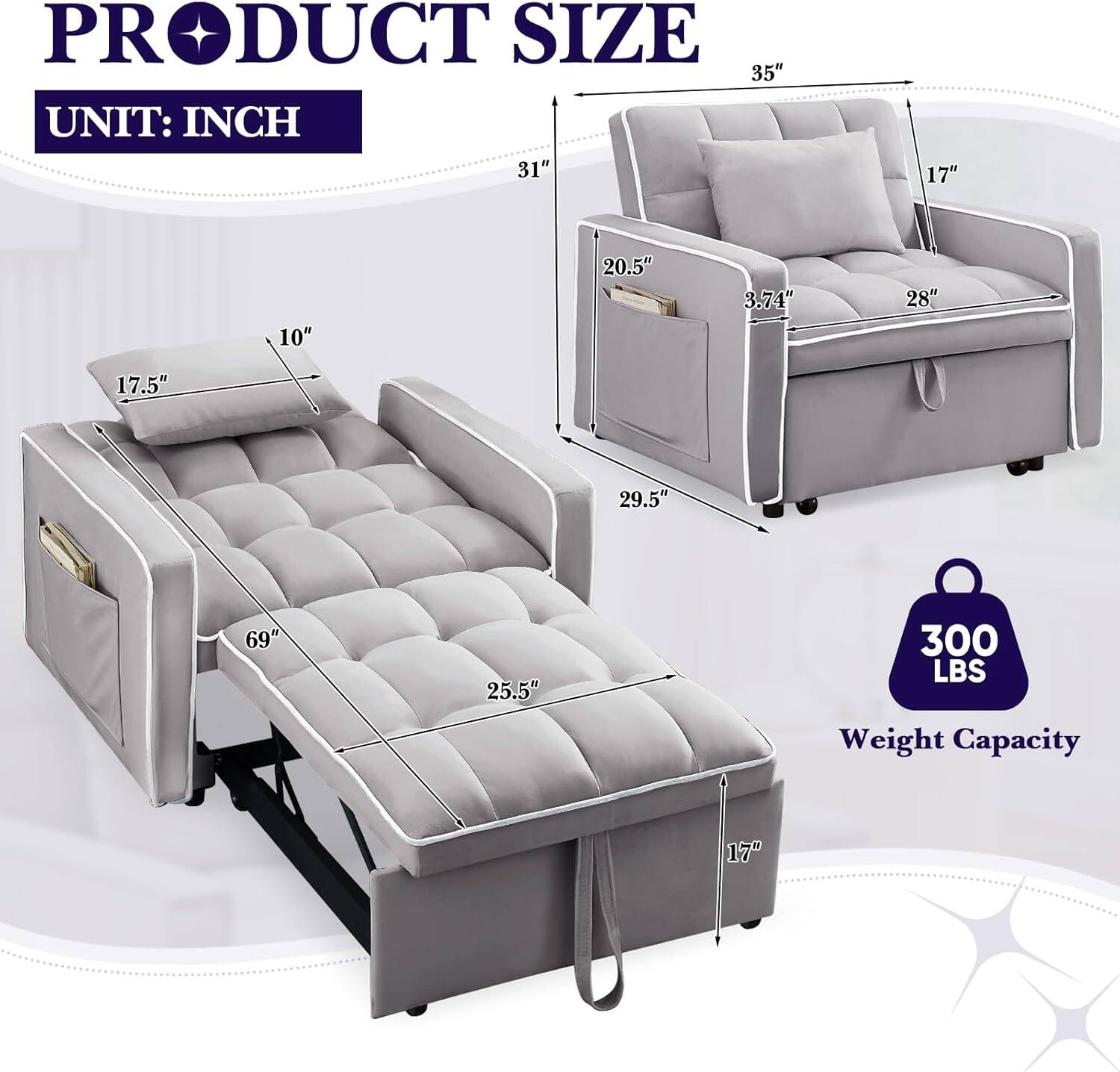 PRODUCT SIZE  
UNIT: INCH  

- 35"  
- 31"  
- 29.5"  
- 28"  
- 25.5"  
- 20.5"  
- 17"  
- 17.5"  
- 10"  
- 3.74"  

Weight Capacity: 300 LBS